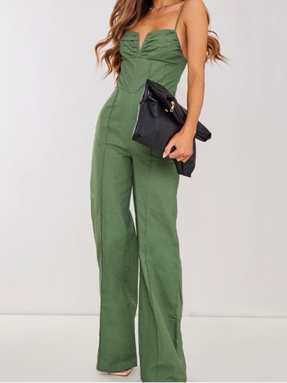 PrettyLittleThing Olive Green Wide-Leg Jumpsuit with Sweetheart Neck